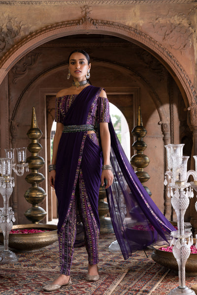 Chavvi Aggarwa Purple Printed Pant Saree With Blouse and Belt Online Shopping Melange Singapore Indian Designer Wear