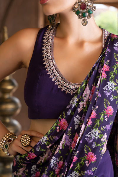 Chavvi Aggarwa Purple Printed Pant Saree With Blouse Online Shopping Melange Singapore Indian Designer Wear