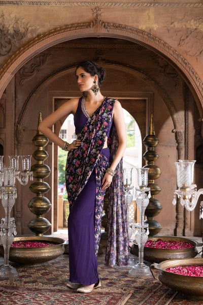 Chavvi Aggarwa Purple Printed Pant Saree With Blouse Online Shopping Melange Singapore Indian Designer Wear