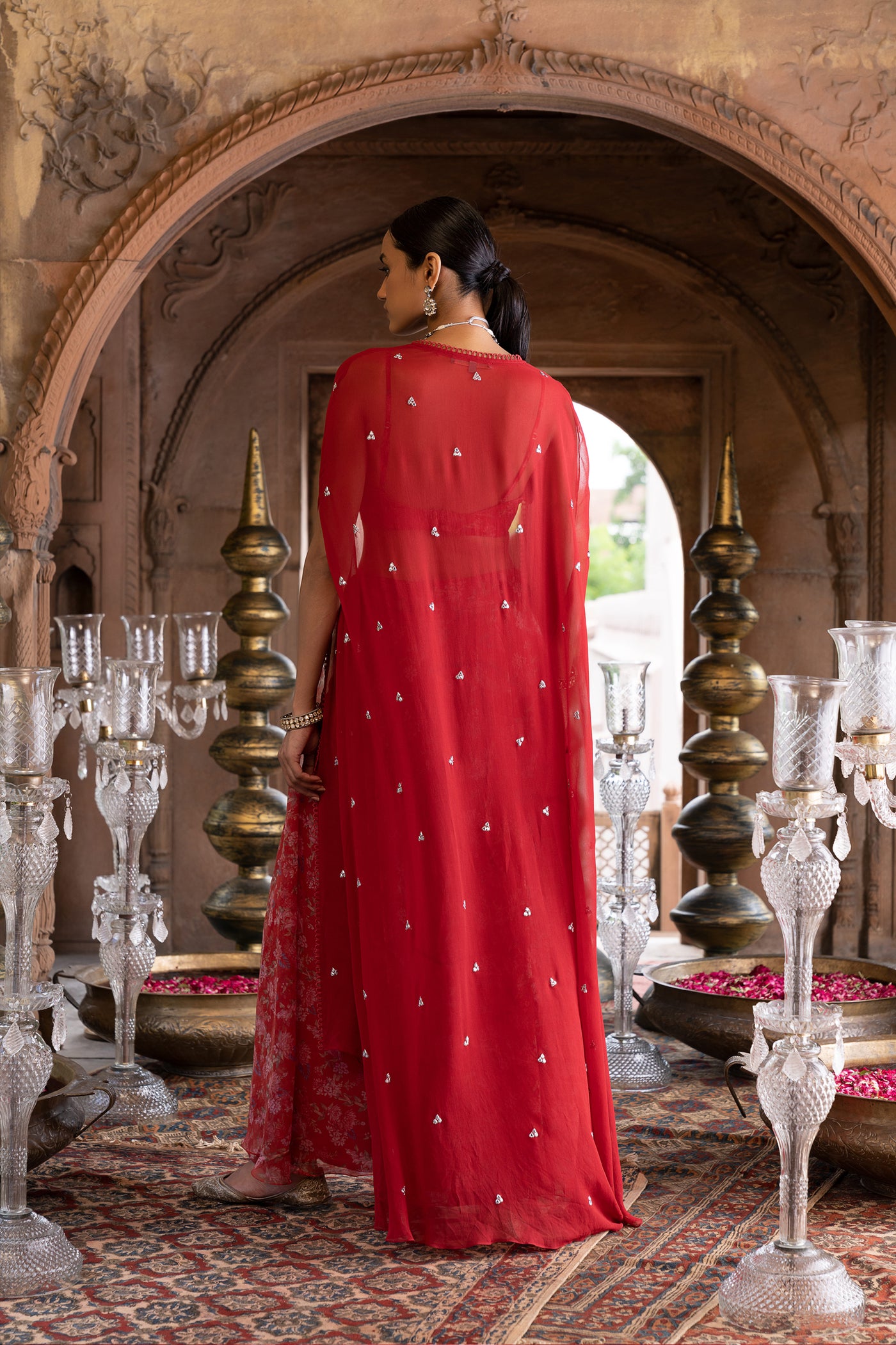 Chavvi Aggarwa Red Cape Set With Printed Palazzo and Embroidered Inner Online Shopping Melange Singapore Indian Designer Wear