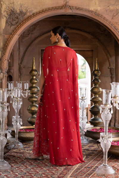 Chavvi Aggarwa Red Cape Set With Printed Palazzo and Embroidered Inner Online Shopping Melange Singapore Indian Designer Wear