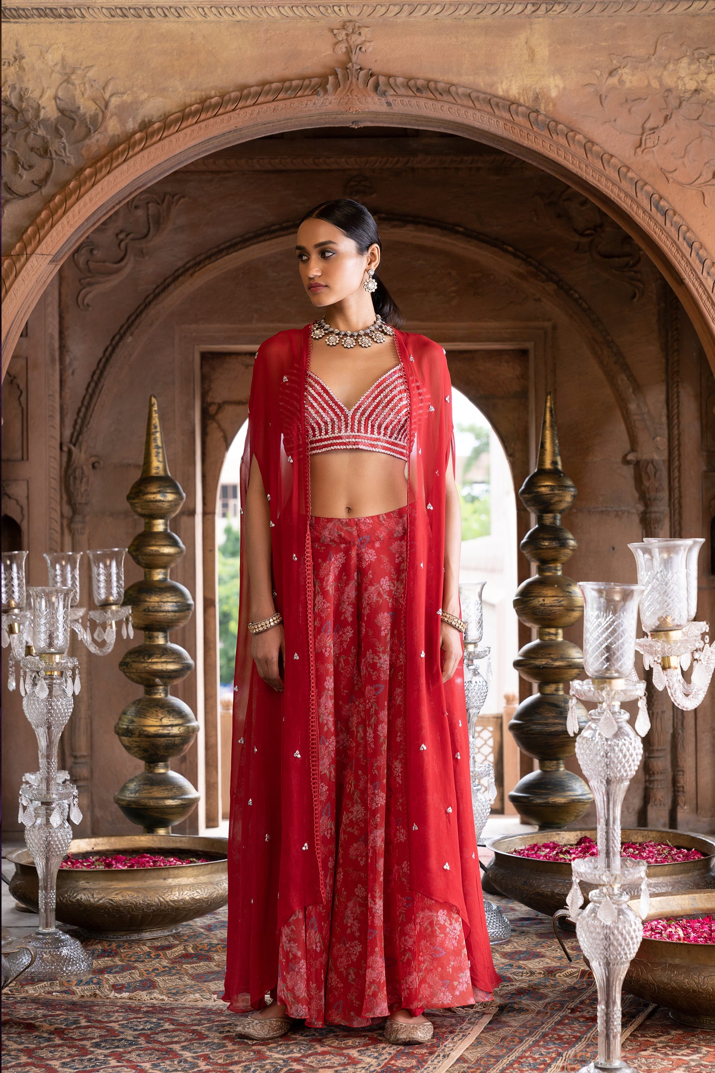 Chavvi Aggarwa Red Cape Set With Printed Palazzo and Embroidered Inner Online Shopping Melange Singapore Indian Designer Wear