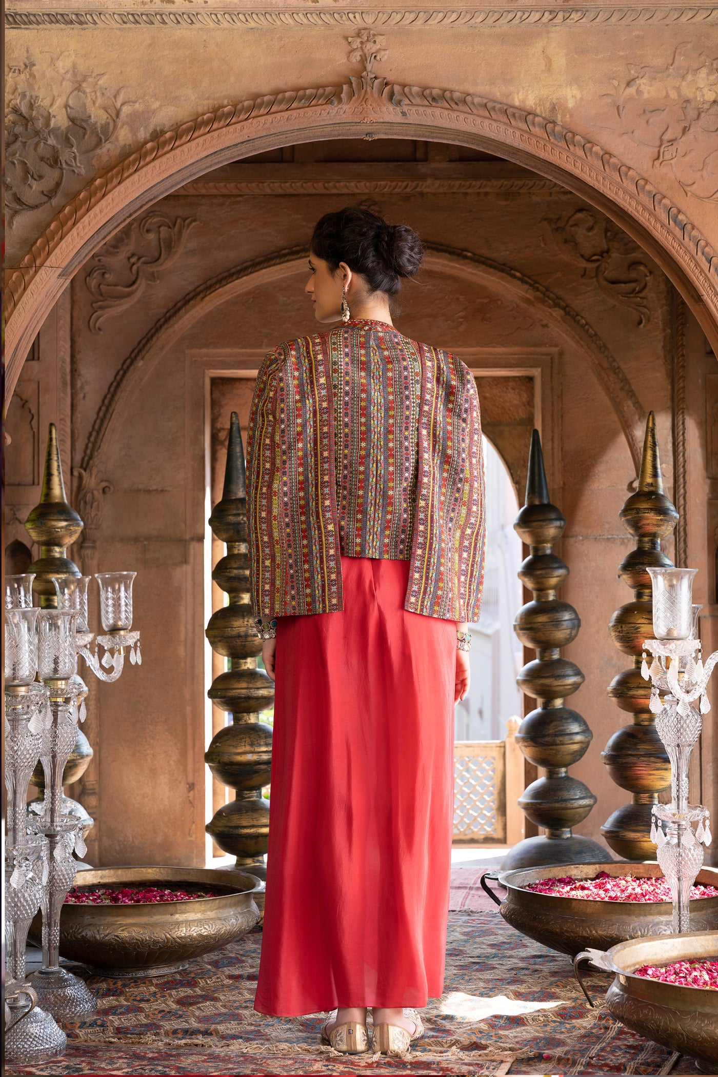 Chavvi Aggarwa Red Draped Dress With Printed Cape Jacket Online Shopping Melange Singapore Indian Designer Wear