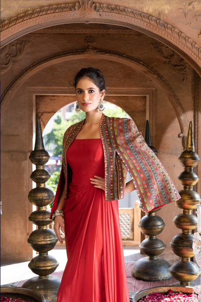 Chavvi Aggarwa Red Draped Dress With Printed Cape Jacket Online Shopping Melange Singapore Indian Designer Wear