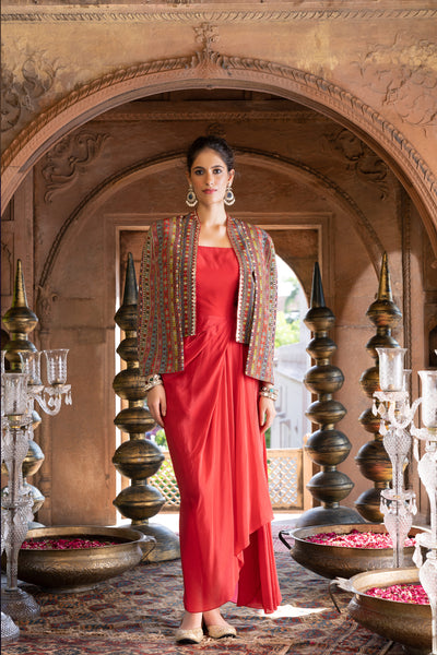 Chavvi Aggarwa Red Draped Dress With Printed Cape Jacket Online Shopping Melange Singapore Indian Designer Wear