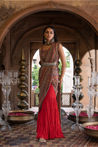 Chavvi Aggarwa Red Printed Sharara Saree With Blouse and Belt Online Shopping Melange Singapore Indian Designer Wear