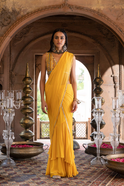 Chavvi Aggarwa Yellow Pre-draped Saree With Blouse  Online Shopping Melange Singapore Indian Designer Wear