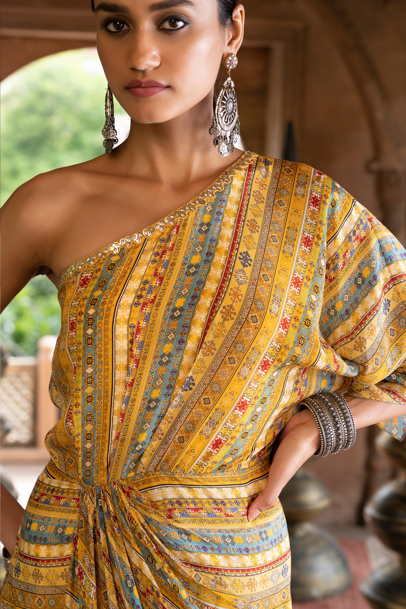 Chavvi Aggarwa Yellow Printed One Shoulder Draped Dress Online Shopping Melange Singapore Indian Designer Wear