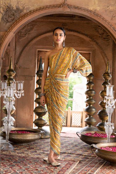 Chavvi Aggarwa Yellow Printed One Shoulder Draped Dress Online Shopping Melange Singapore Indian Designer Wear