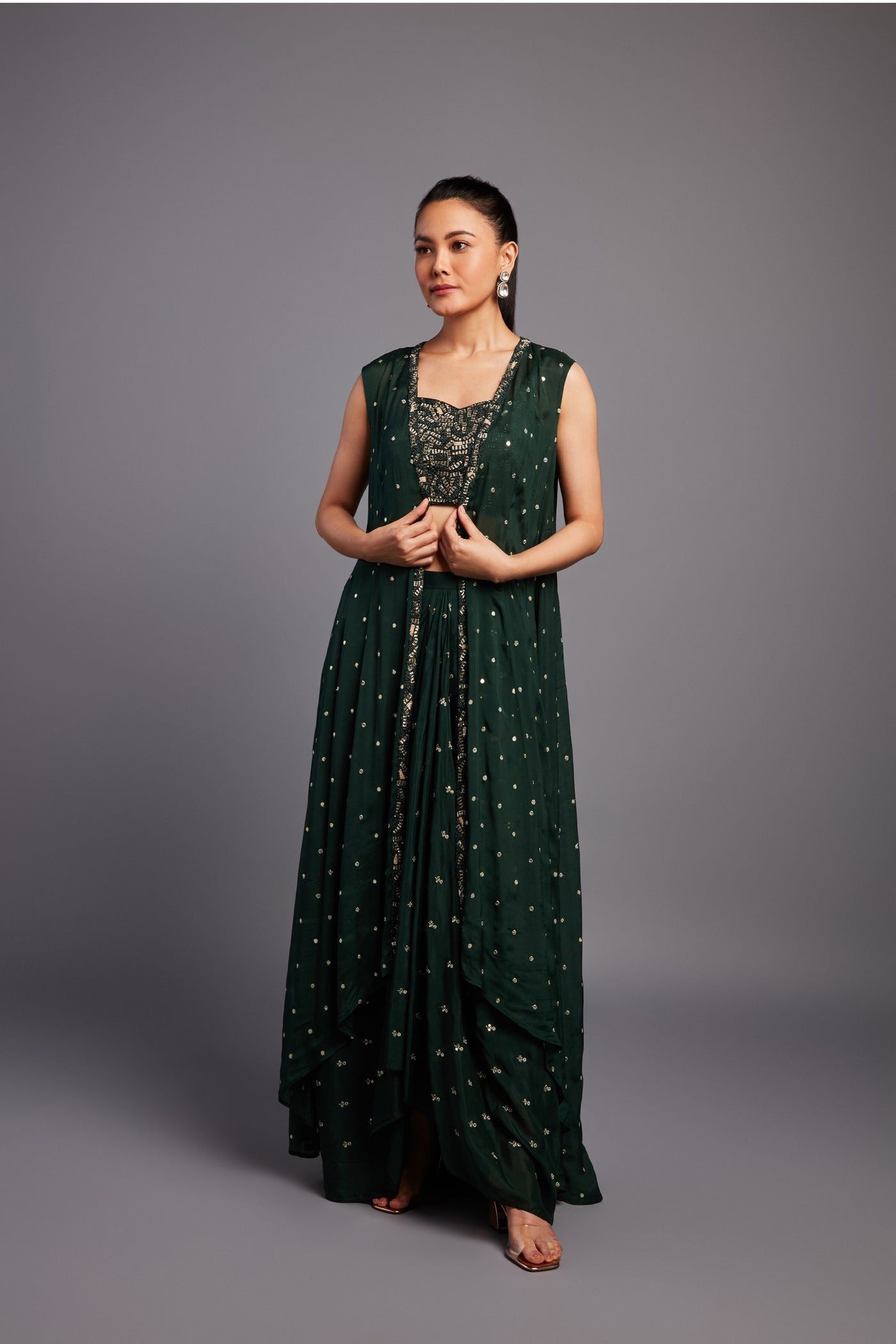 Chamee and Palak Gul Drape Skirt-forest Green indian designer wear online shopping melange singapore