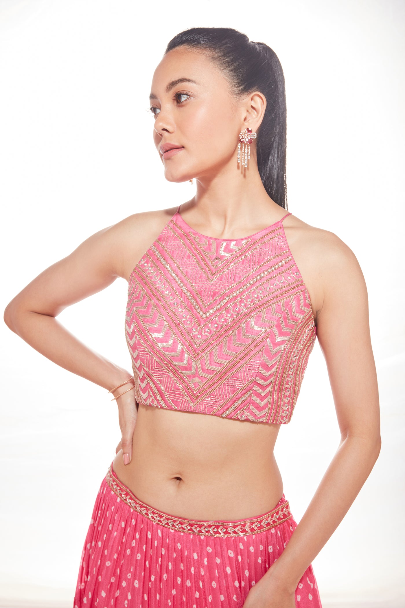 Chamee and Palak Halter Pink Bandhani  Shelby indian designer wear online shopping melange singapore