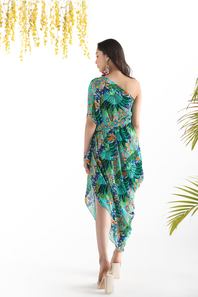 Chhavvi Aggarwal Aqua Blue Printed Cowl Dress indian designer online shopping melange singapore