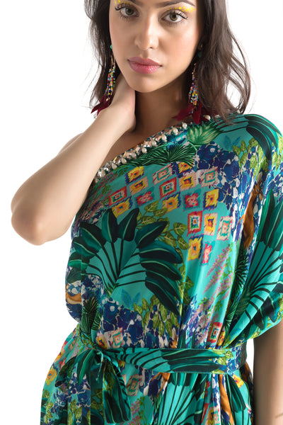 Chhavvi Aggarwal Aqua Blue Printed Cowl Dress indian designer online shopping melange singapore