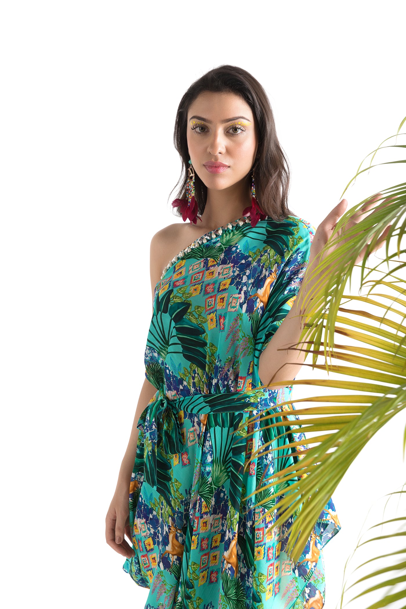 Chhavvi Aggarwal Aqua Blue Printed Cowl Dress indian designer online shopping melange singapore