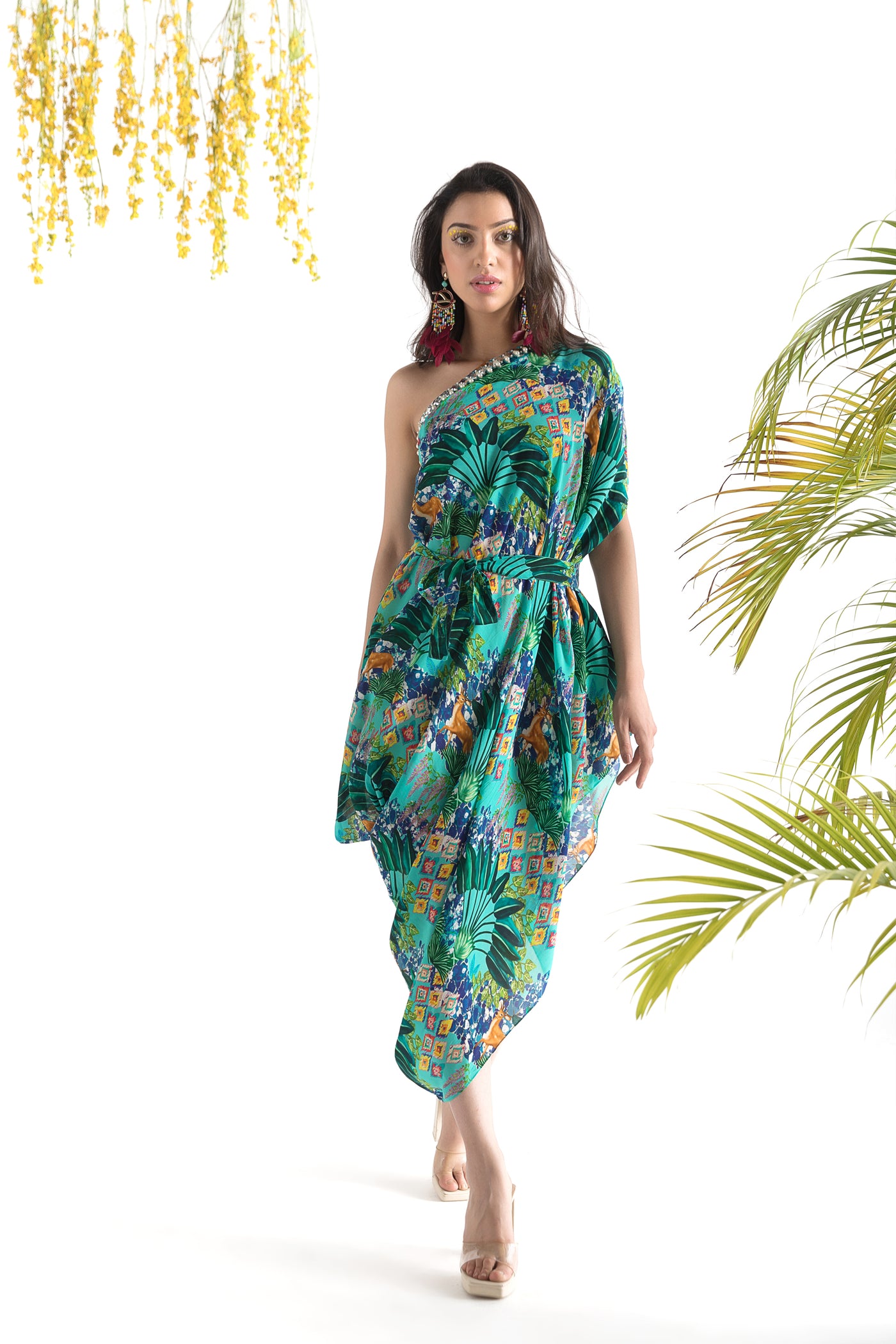 Chhavvi Aggarwal Aqua Blue Printed Cowl Dress indian designer online shopping melange singapore