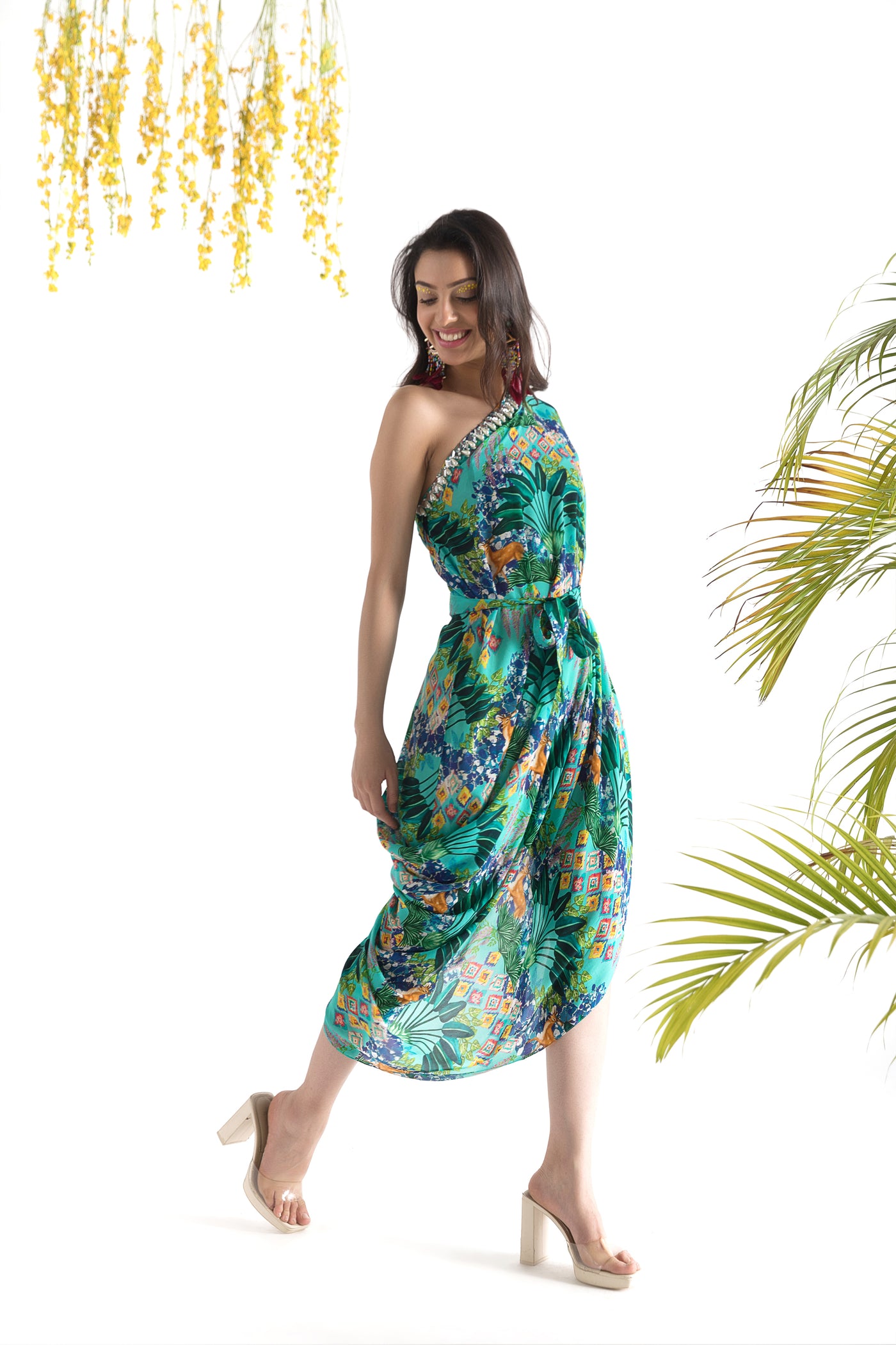 Chhavvi Aggarwal Aqua Blue Printed Cowl Dress indian designer online shopping melange singapore