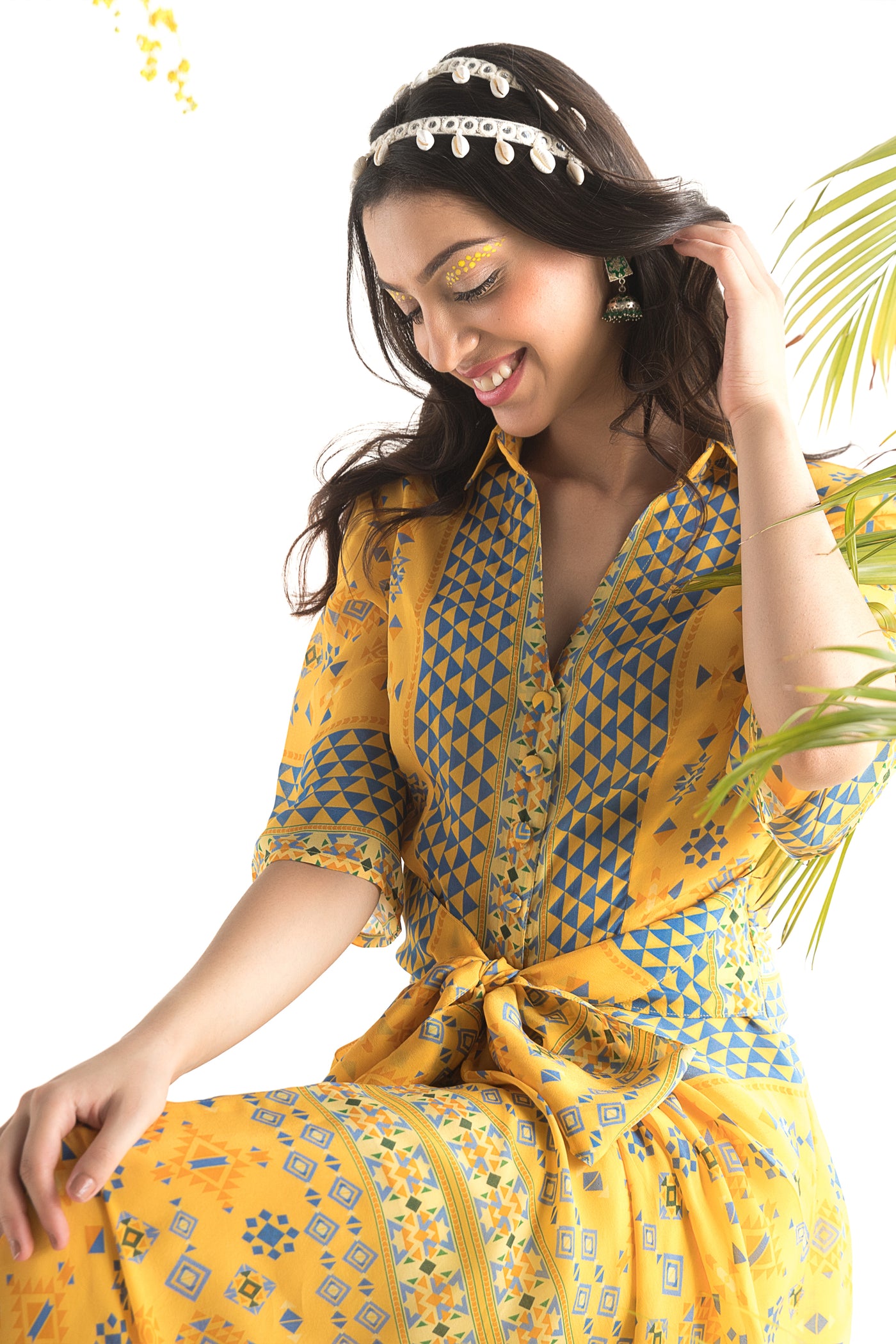 Chhavvi Aggarwal Yellow Printed Shirt Dress indian designer online shopping melange singapore