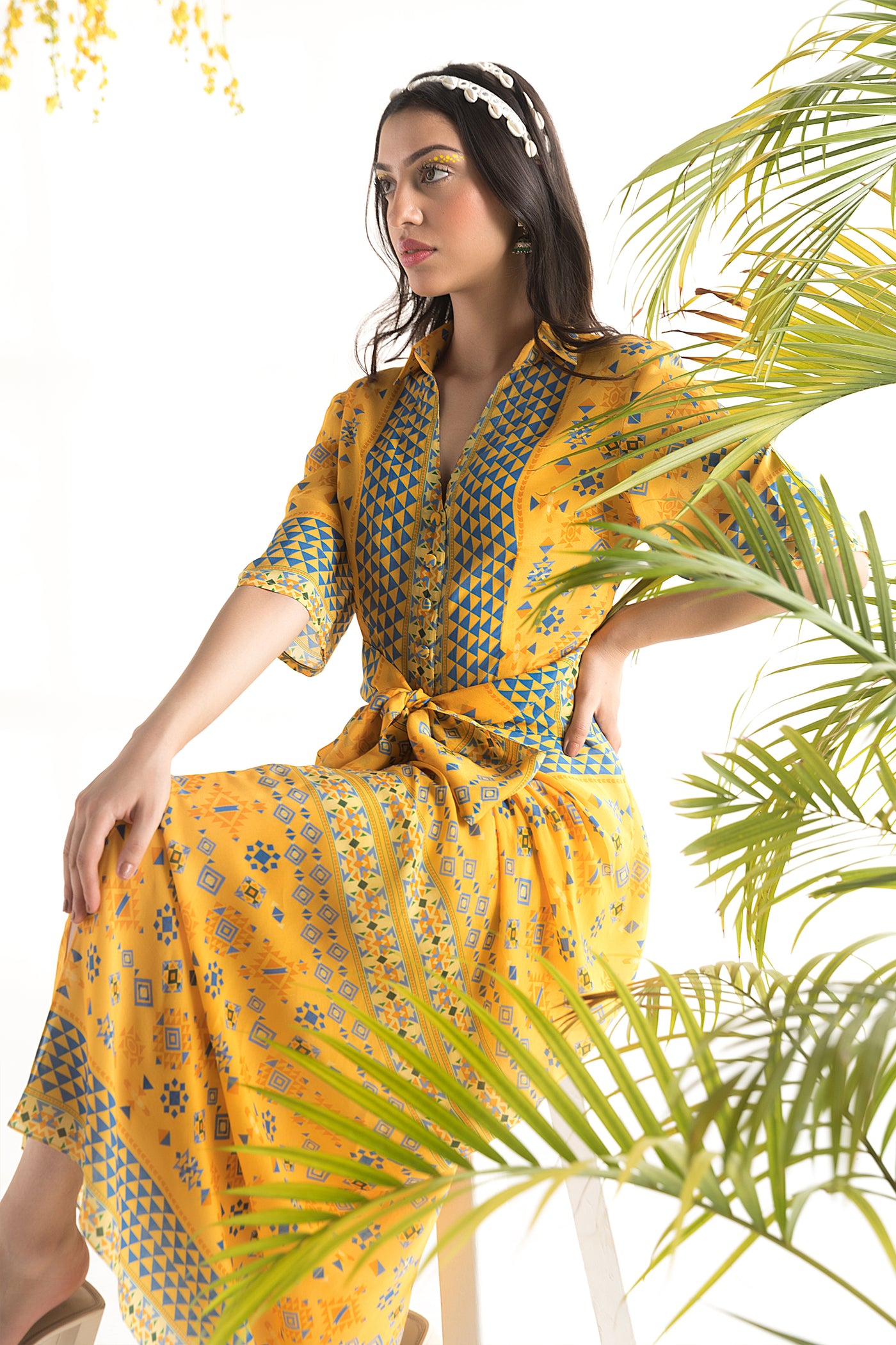 Chhavvi Aggarwal Yellow Printed Shirt Dress indian designer online shopping melange singapore