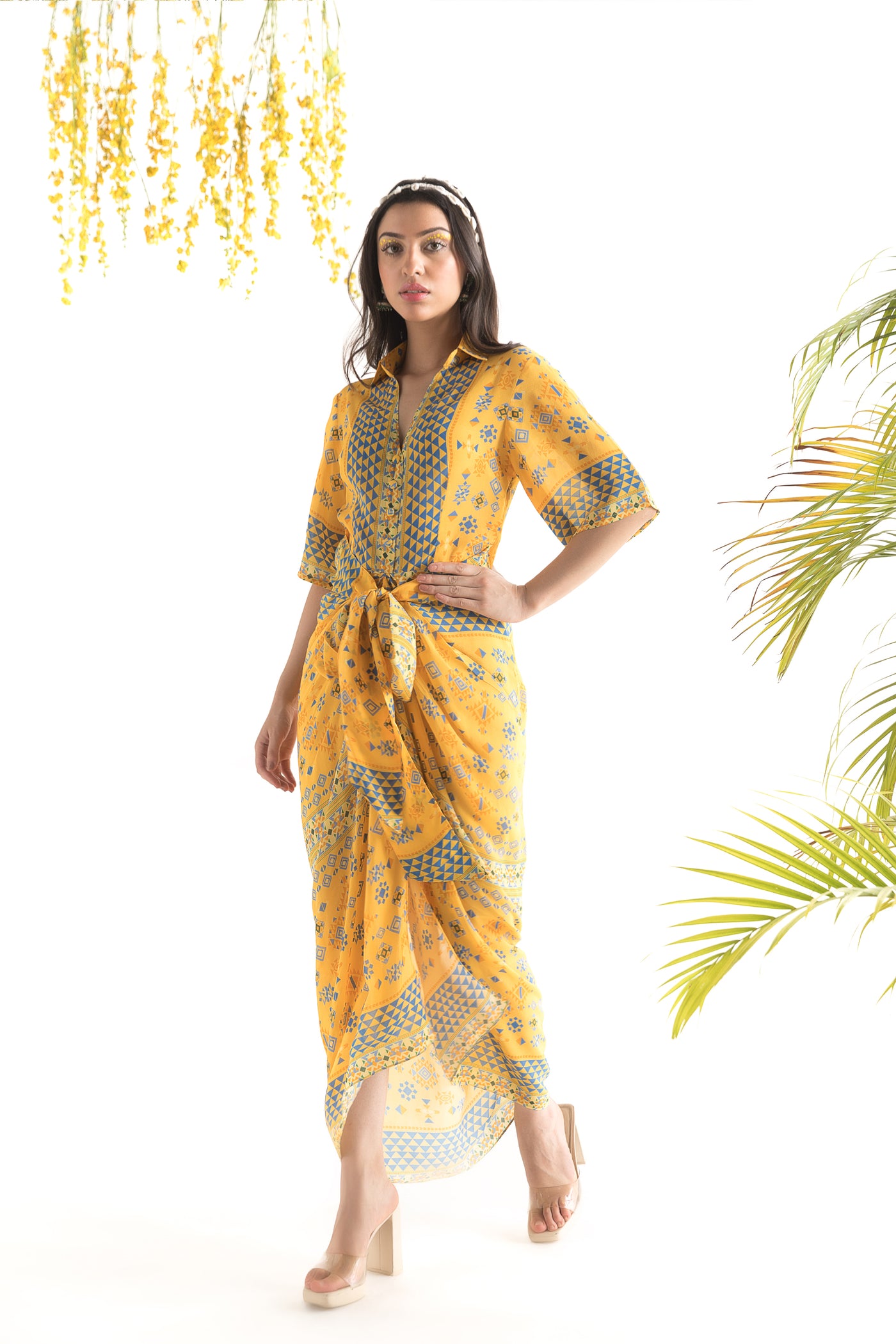 Chhavvi Aggarwal Yellow Printed Shirt Dress indian designer online shopping melange singapore