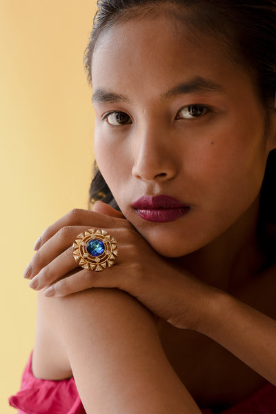 esme blooming daisy ring Bermuda blue in gold fashion imitation jewellery indian designer wear online shopping melange singapore