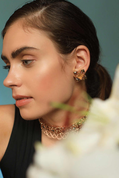 esme quadrille earrings metallic grey and gold fashion jewellery indian designer wear online shopping melange singapore