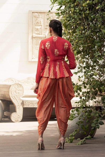 Nikasha - Red godet chotu angrakha paired with dhoti  - Melange Singapore - Indian Designer Wear Online Shopping