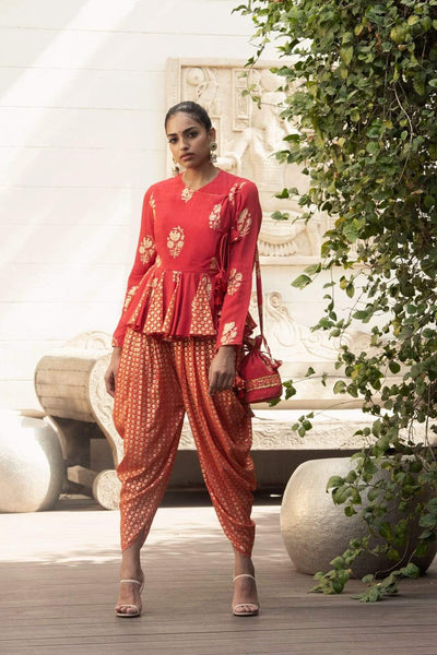 Nikasha - Red godet chotu angrakha paired with dhoti  - Melange Singapore - Indian Designer Wear Online Shopping
