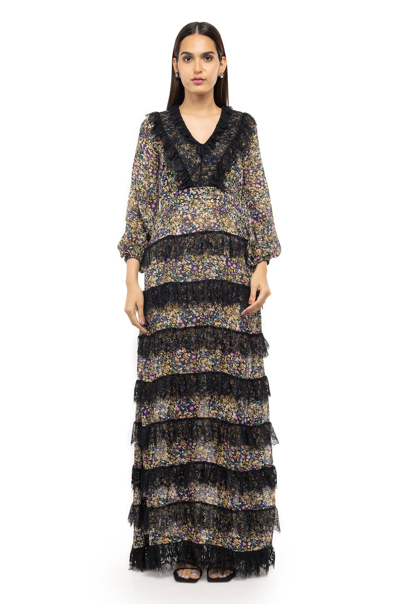 gaya Printed maxi dress with lace details western indian designer wear online shopping melange singapore multi color