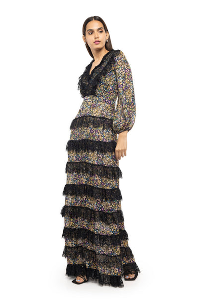 gaya Printed maxi dress with lace details western indian designer wear online shopping melange singapore multi color