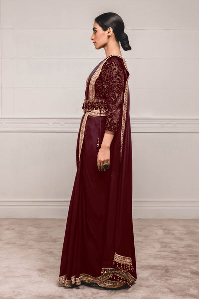 Tarun Tahilianir - Burgandy georgette saree with a velvet appliqued blouse- Melange Singapore - Indian Designer Wear Online Shopping