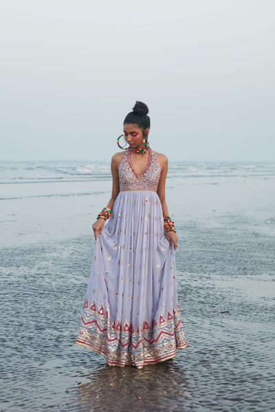 Gopi Vaid Amira Halter Gown Lilac Festive Indian Designer Wear Online Shopping Melange Singapore
