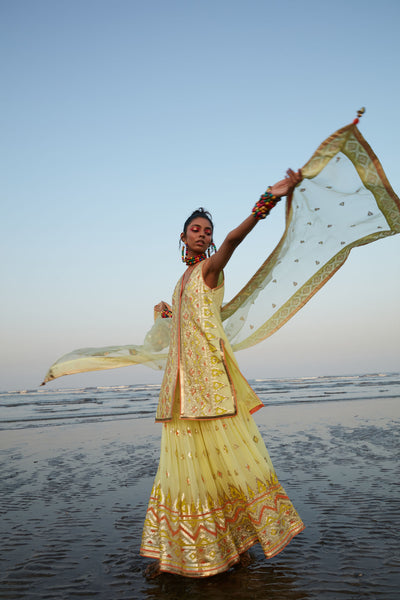 Gopi Vaid Farah Sleeveless Sharara Set Yellow Festive Indian Designer Wear Online Shopping Melange Singapore