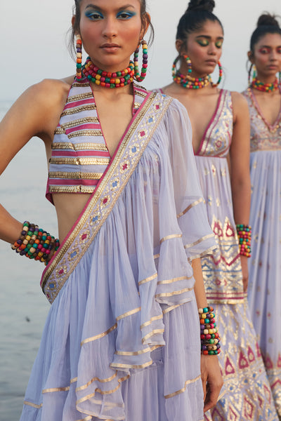 Gopi Vaid Idris Frill Saree Lilac Festive Indian Designer Wear Online Shopping Melange Singapore