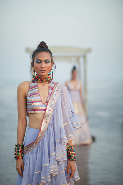 Gopi Vaid Idris Frill Saree Lilac Festive Indian Designer Wear Online Shopping Melange Singapore