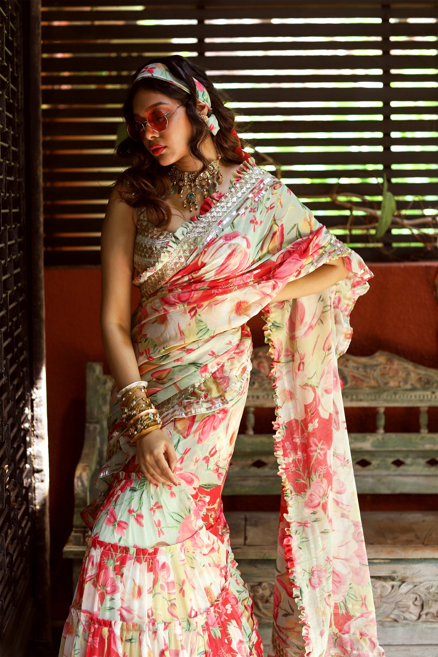 gopi vaid Khushi Frill Saree red indian wedding designer wear online shopping melange singapore