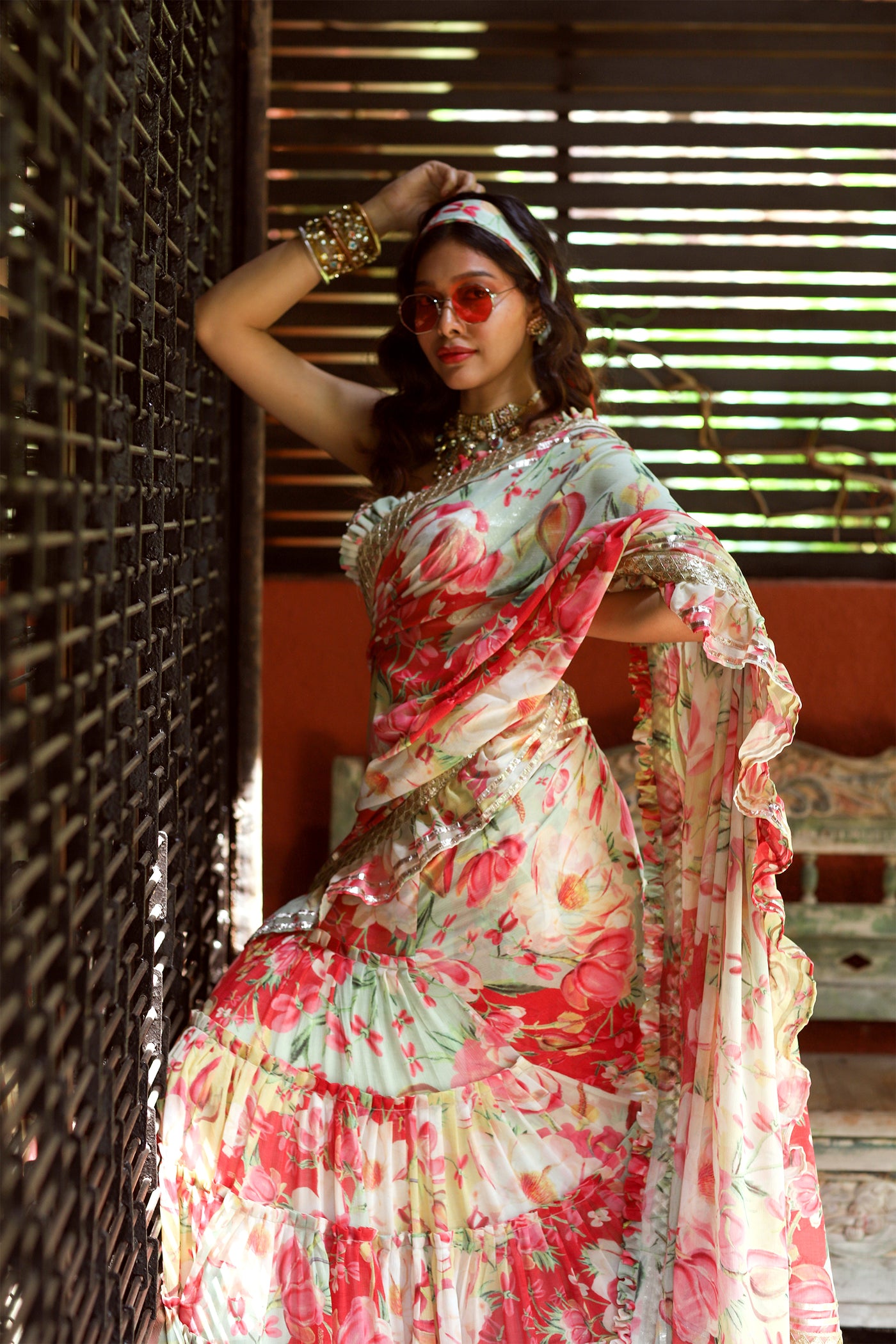 gopi vaid Khushi Frill Saree red indian wedding designer wear online shopping melange singapore