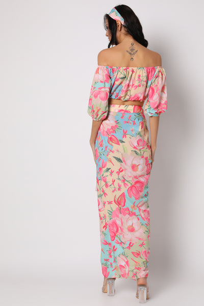 gopi vaid Khushi Off Shoulder Top with Wrap Skirt blue resort wear online shopping melange singapore indian designer wear