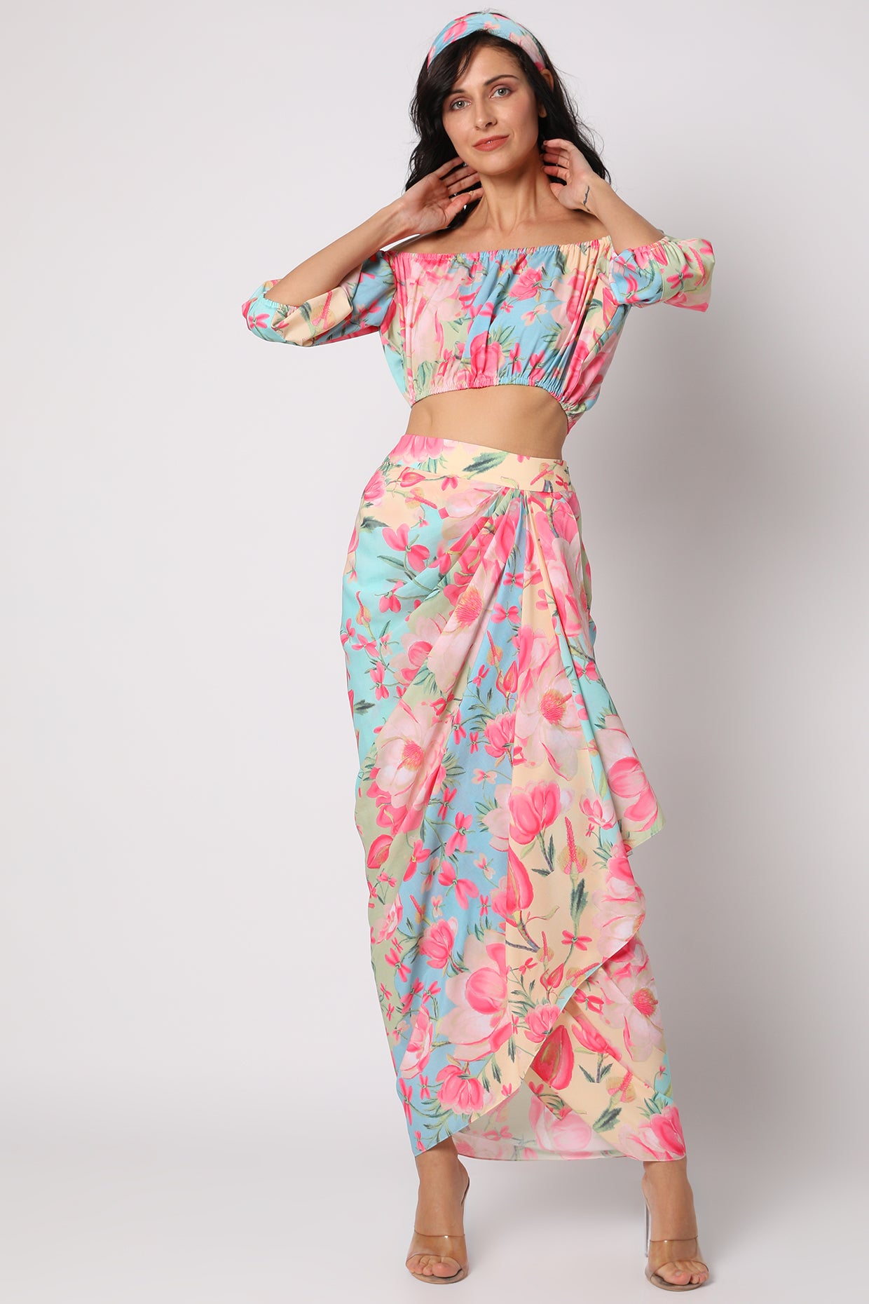 gopi vaid Khushi Off Shoulder Top with Wrap Skirt blue resort wear online shopping melange singapore indian designer wear