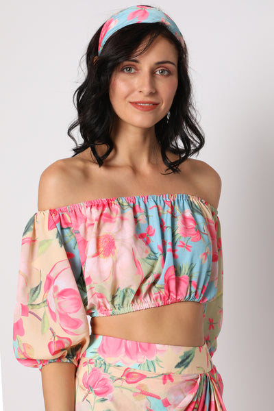 gopi vaid Khushi Off Shoulder Top with Wrap Skirt blue resort wear online shopping melange singapore indian designer wear
