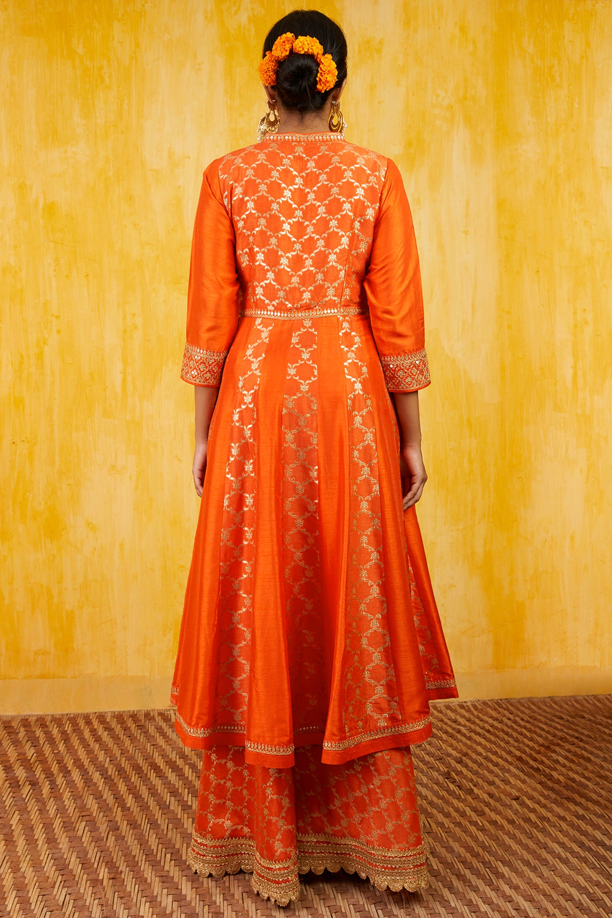 Gopi vaid Marigold Brocade FO With Sharara orange festive indian designer wear online shopping melange singapore