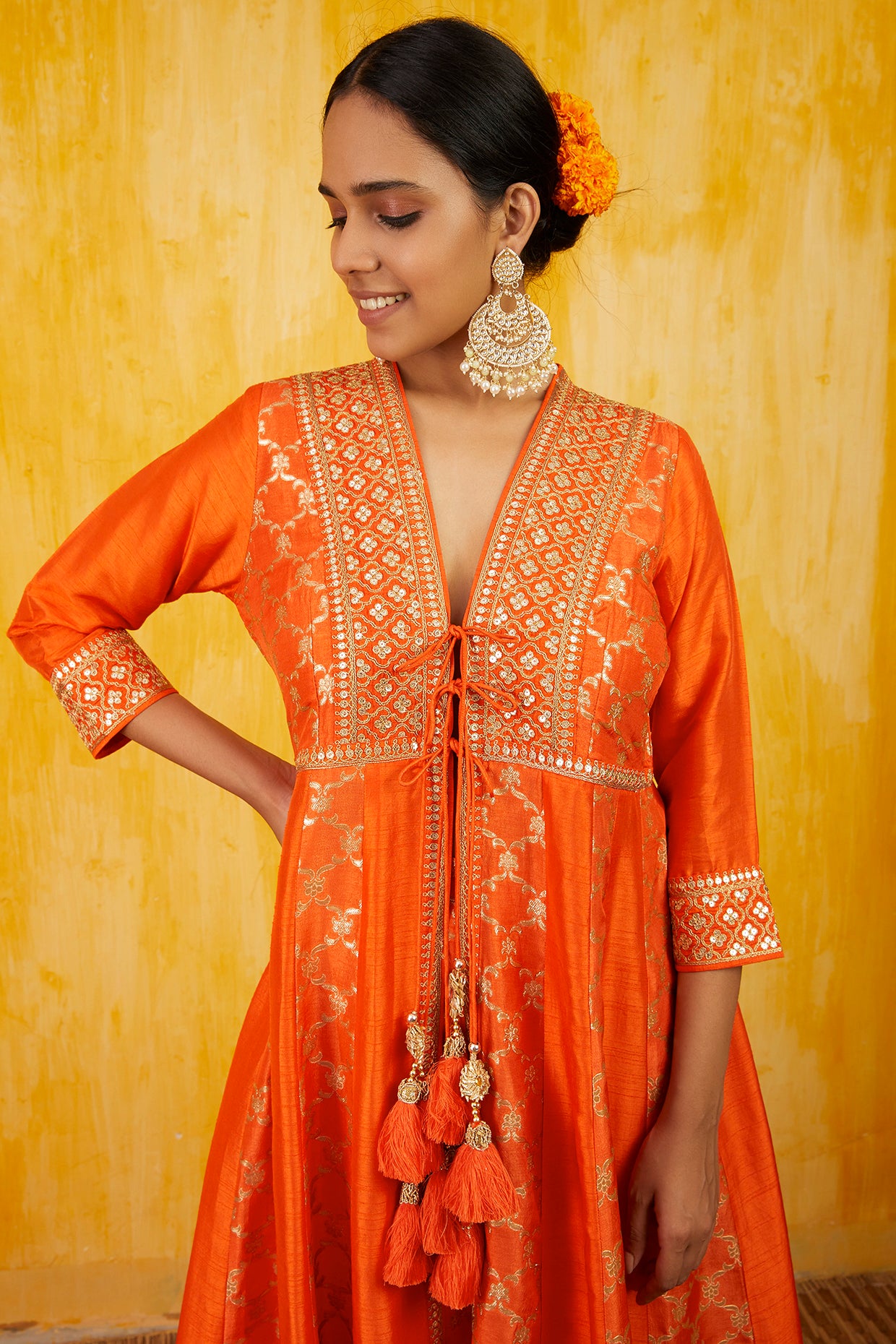 Gopi vaid Marigold Brocade FO With Sharara orange festive indian designer wear online shopping melange singapore