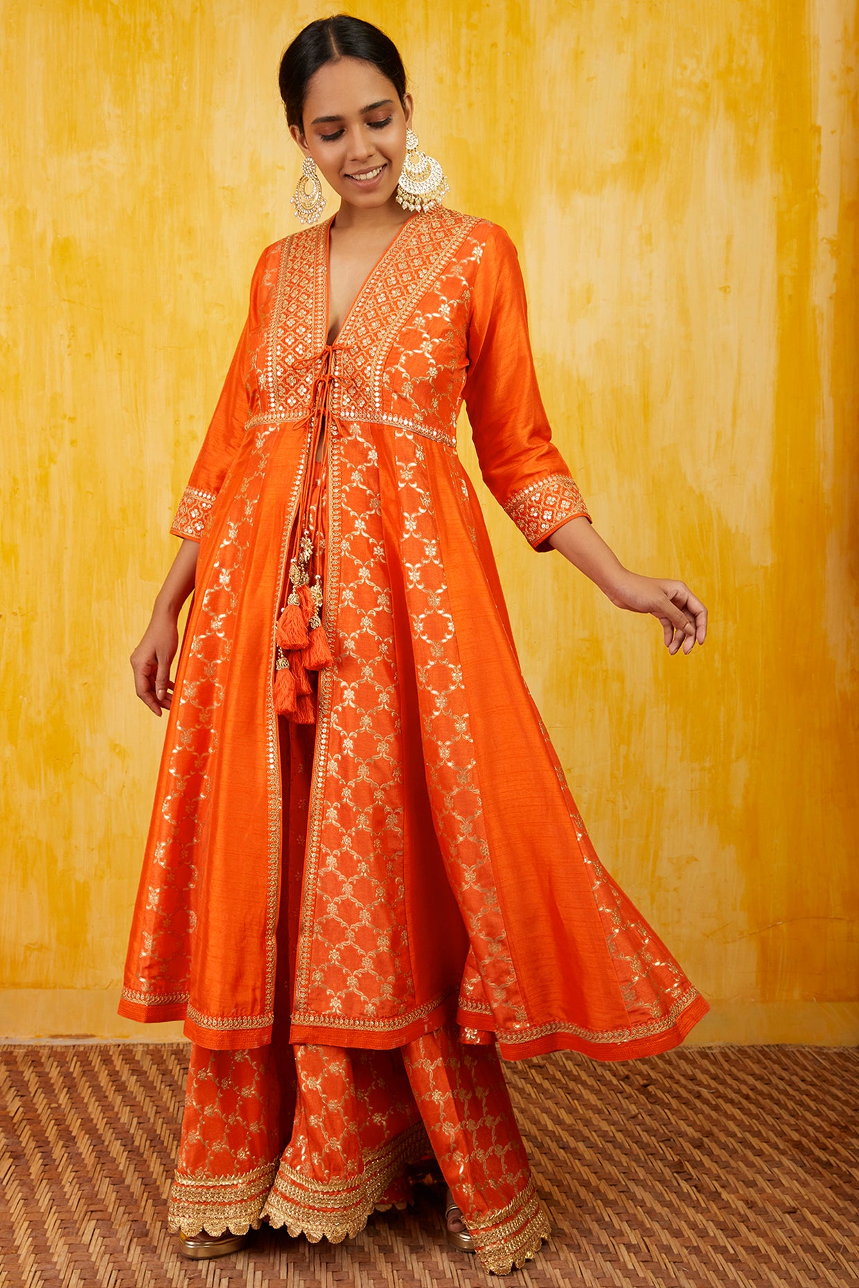 Gopi vaid Marigold Brocade FO With Sharara orange festive indian designer wear online shopping melange singapore