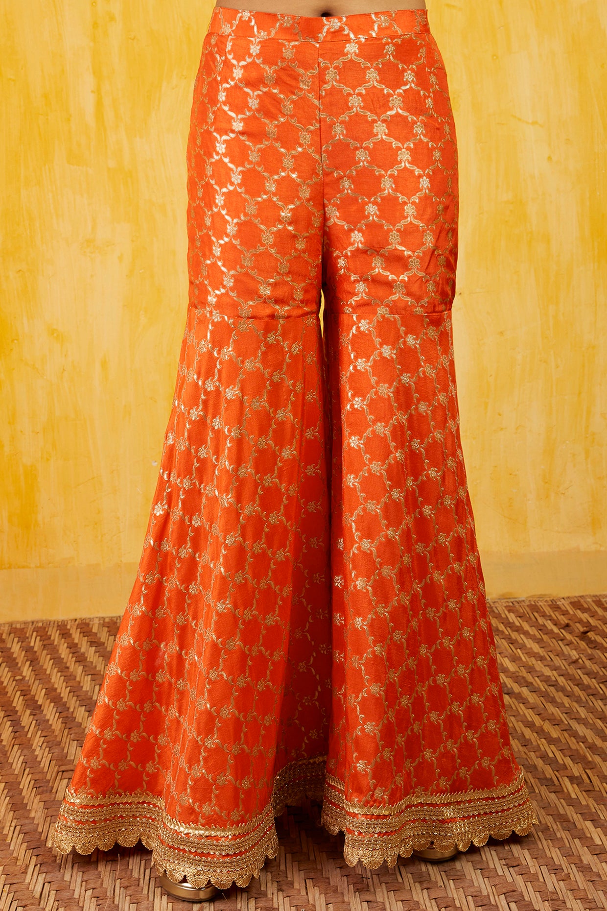 Gopi vaid Marigold Brocade FO With Sharara orange festive indian designer wear online shopping melange singapore