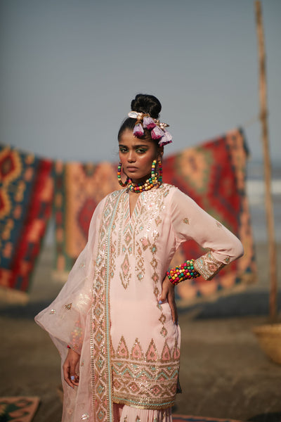 Gopi Vaid Sara Short Sharara Set With Dupatta Rose Festive Indian Designer Wear Online Shopping Melange Singapore