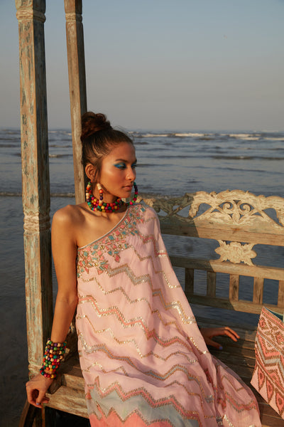Gopi Vaid Tahira One Shoulder Gown Rose Festive Indian Designer Wear Online Shopping Melange Singapore