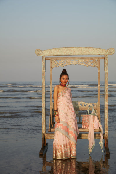 Gopi Vaid Tahira One Shoulder Gown Rose Festive Indian Designer Wear Online Shopping Melange Singapore