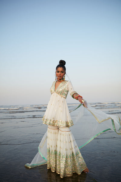 Gopi Vaid Zohra Peplum With Sharara Ivory Festive Indian Designer Wear Online Shopping Melange Singapore