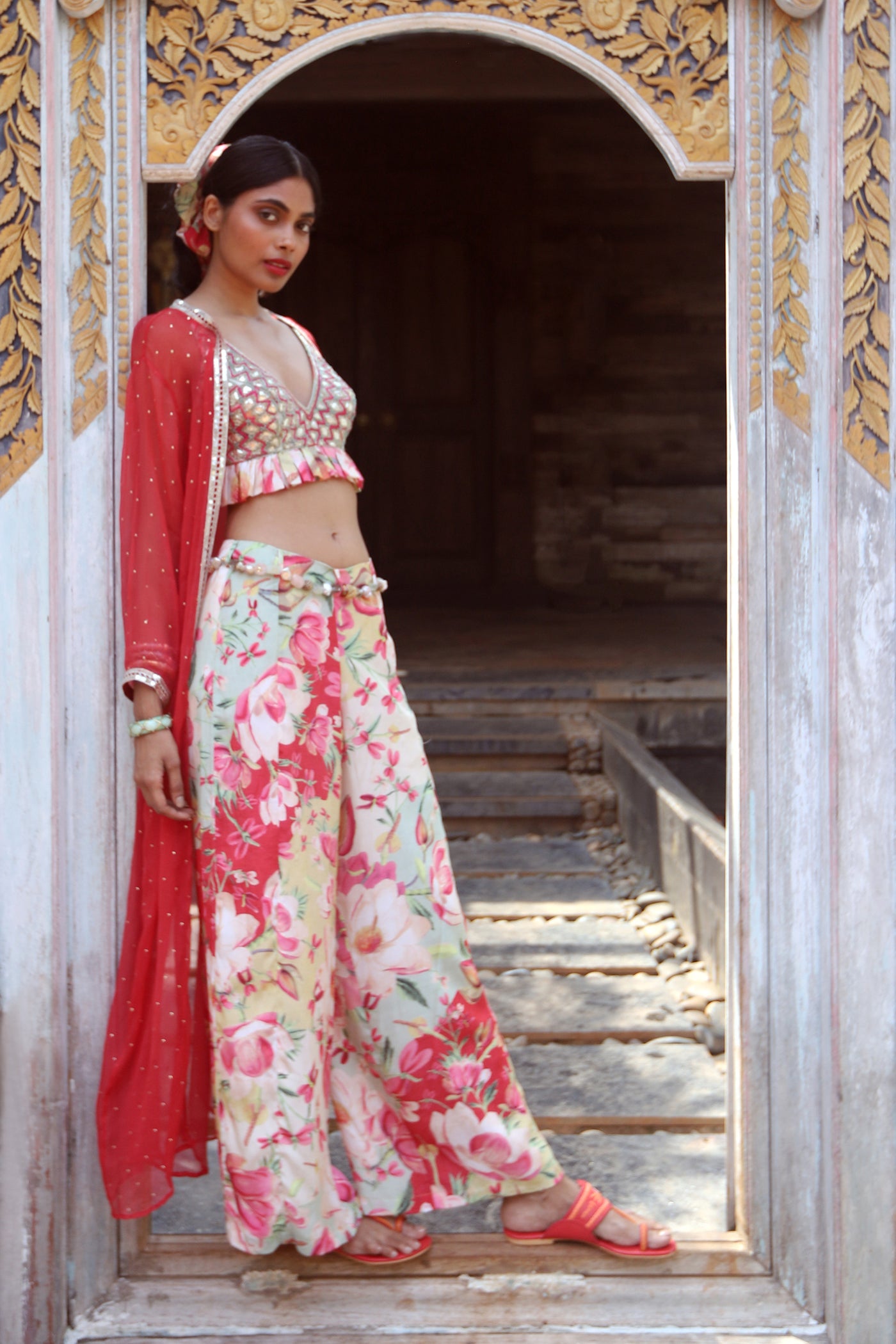 gopi vaid Khushi Pant Set with Jacket red online shopping melange singapore indian designer wear wedding festive