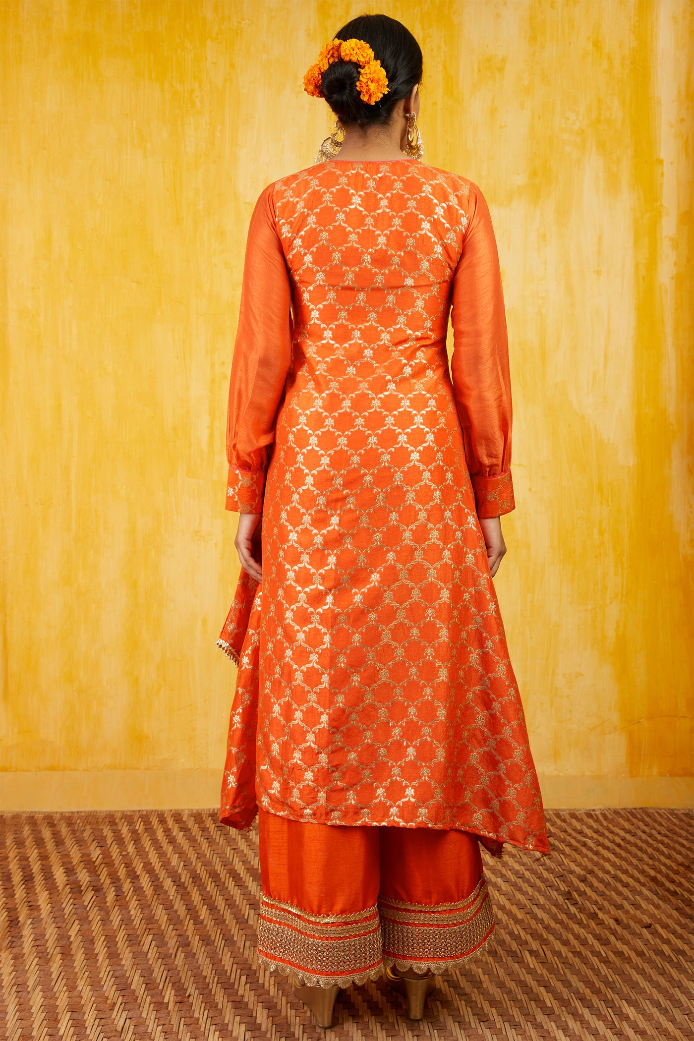 Gopi vaid Marigold Brocade Kaftan Cut Tunic Set orange festive indian designer wear online shopping melange singapore