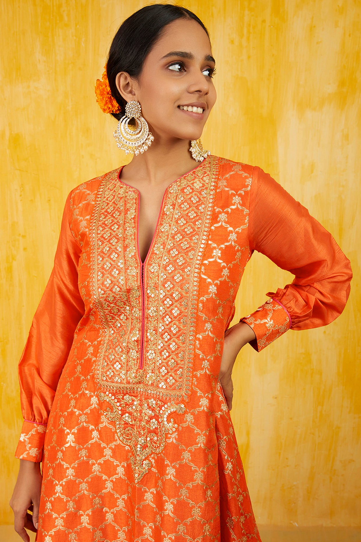 Gopi vaid Marigold Brocade Kaftan Cut Tunic Set orange festive indian designer wear online shopping melange singapore